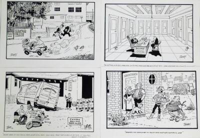 Terence Shelbourne (1930-2020). A group of pen and ink cartoons relating to various Grantham businesses and scenes, to include Pay and Display Car Park, Supermarket, Greasy Spoon Cafe, gravity FM, Lils BnB, Trading Repair Counter, Shed, Finkin Street Meth - 6