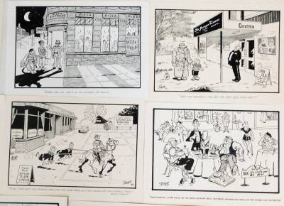 Terence Shelbourne (1930-2020). A group of pen and ink cartoons relating to various Grantham businesses and scenes, to include Pay and Display Car Park, Supermarket, Greasy Spoon Cafe, gravity FM, Lils BnB, Trading Repair Counter, Shed, Finkin Street Meth - 7