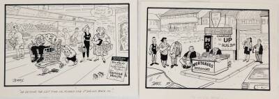 Terence Shelbourne (1930-2020). A group of pen and ink cartoons relating to various Grantham businesses and scenes, to include Pay and Display Car Park, Supermarket, Greasy Spoon Cafe, gravity FM, Lils BnB, Trading Repair Counter, Shed, Finkin Street Meth - 10