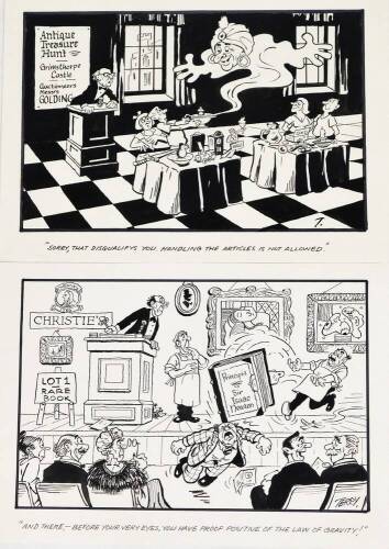 Terence Shelbourne (1930-2020). A group of pen and ink cartoons relating to auctions, to include Antiques Treasure Hunt Grimsthorpe Castle and Christies Lot 1 Rare Book, 24cm x 37cm. (2)