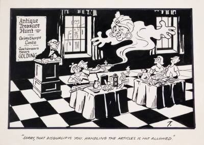 Terence Shelbourne (1930-2020). A group of pen and ink cartoons relating to auctions, to include Antiques Treasure Hunt Grimsthorpe Castle and Christies Lot 1 Rare Book, 24cm x 37cm. (2) - 2