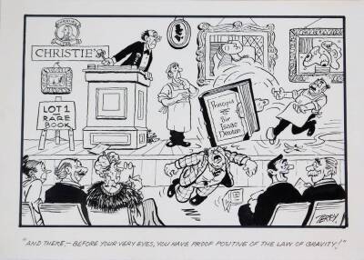 Terence Shelbourne (1930-2020). A group of pen and ink cartoons relating to auctions, to include Antiques Treasure Hunt Grimsthorpe Castle and Christies Lot 1 Rare Book, 24cm x 37cm. (2) - 3