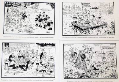 Terence Shelbourne (1930-2020). A group of pen and ink cartoons relating to various local events and scenes, to include Belton Park, Claypole Yacht Club, Long Bennington Activity Fair, Leadenham Gladiators Event, Great Gionerby Olympic Games, Grantham Cri - 2