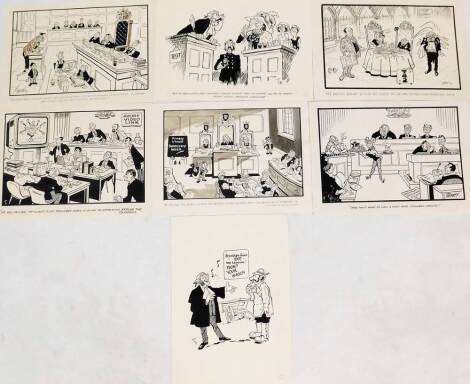 Terence Shelbourne (1930-2020). A group of pen and ink cartoons relating to court scenes and Grantham Court, to include Grantham Court Paint Your Wagon, The 1897 Trial, Primary Schools Democracy Week, The House Of Commons, Grantham Magistrates Court, Cour