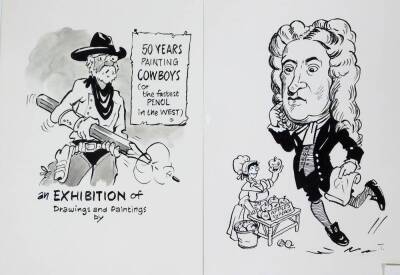 Terence Shelbourne (1930-2020). A group of pen and ink cartoons relating to Grantham and other scenes, to include Facts and Figures, Army Nurse, Wood Working, Sir Isaac Newton, Terry Shelbourne's Cowboy Exhibition, Great Granthamians, Knitting Scene, Vari - 5