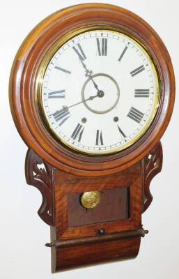 A late 19thC walnut cased drop dial wall clock, with a chime and a later white painted dial, 73cm high, the dial 29cm diameter.