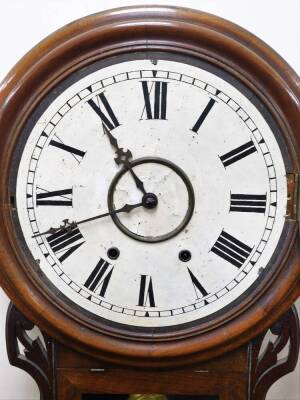 A late 19thC walnut cased drop dial wall clock, with a chime and a later white painted dial, 73cm high, the dial 29cm diameter. - 2