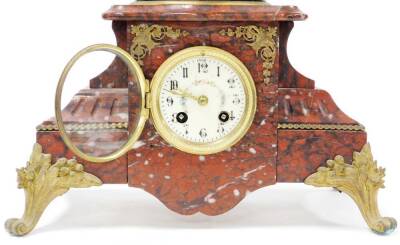 A late 19thC French clock garniture, with mantel clock, on a red marble base with a gilt spleter figure of a maiden with a harp to top titled Harmonie, with a cream coloured floral dial, 8cm wide, eight day chiming movement, on rococo style feet, with two - 2