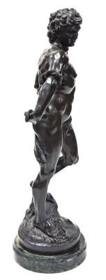 After Bc Zheng. Figure of a man bound by rope, with rope twist bronze, on a green marble plinth base, bearing name Chiparus, 66cm high, 19cm diameter. - 2