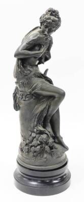 After Carrier Belleus. Bronzed resin figure of a seated maiden, with birds on a black plinth base, 70cm high. - 4