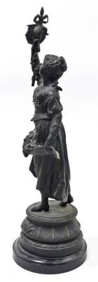 A pair of late 19thC spelter figures, a young lady and gentleman, each with grape vines and flowers, on a stepped base stamped Retour des Vendanges, 56cm high. - 9