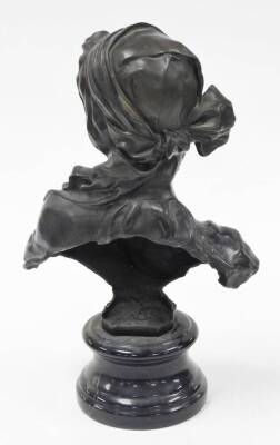 After Rubin. Bronze bust of a female, with scarf headdress on a black marble base, unmarked, 38cm high, 23cm wide. - 3