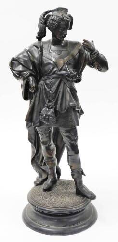 19thC Continental School. Bronzed terracotta figure of a gentleman wearing 18thC dress, on a plinth base, 60cm high.