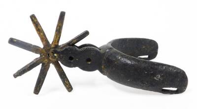 A 19thC iron boot spur, with revolving wheel on boot clip, 16cm long overall. - 2