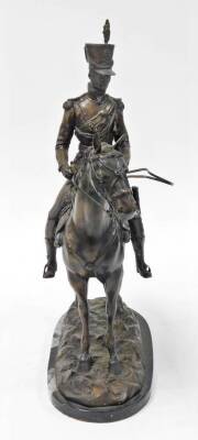 A 20thC bronze figure of a British mounted cavalry officer of the 17th/21st Lancers, on a black marble plinth, 57cm high. - 2