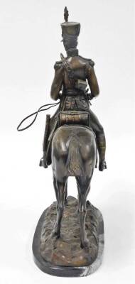 A 20thC bronze figure of a British mounted cavalry officer of the 17th/21st Lancers, on a black marble plinth, 57cm high. - 4