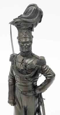 A bronze patinated regimental resin figure of an officer of the 17th/21st Lancers, on a wooden plinth, 42.5cm high, 7cm wide, 6cm deep, the base 4cm high, 13cm wide, 13cm deep. - 6