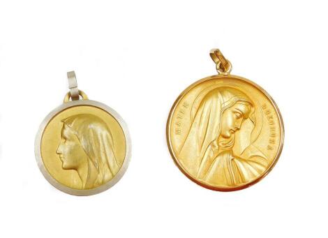 Two pendants, comprising a religious pendant, yellow metal, unmarked, depicting a maiden with halo, and an Italian medallion pendant, dated 96, rolled gold. (2)