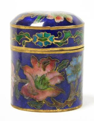 Two oriental cloisonné trinket boxes, the oval example with blue enamel cloisonné decoration on brass, depicting pink and blue flowers 4cm high with lift up lid, the imitation cloisonné urn shaped trinket box, with similar decoration 6cm high. (2) - 2