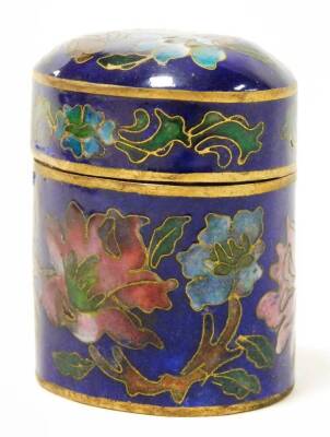 Two oriental cloisonné trinket boxes, the oval example with blue enamel cloisonné decoration on brass, depicting pink and blue flowers 4cm high with lift up lid, the imitation cloisonné urn shaped trinket box, with similar decoration 6cm high. (2) - 3