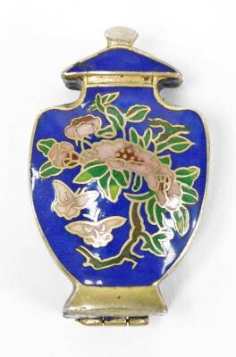 Two oriental cloisonné trinket boxes, the oval example with blue enamel cloisonné decoration on brass, depicting pink and blue flowers 4cm high with lift up lid, the imitation cloisonné urn shaped trinket box, with similar decoration 6cm high. (2) - 6