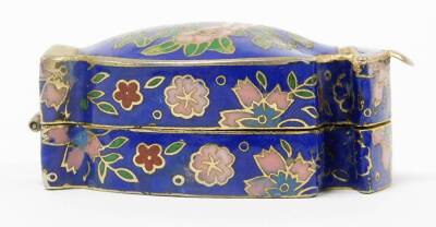 Two oriental cloisonné trinket boxes, the oval example with blue enamel cloisonné decoration on brass, depicting pink and blue flowers 4cm high with lift up lid, the imitation cloisonné urn shaped trinket box, with similar decoration 6cm high. (2) - 7