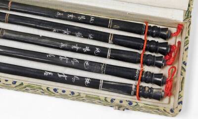 A cased calligraphy set, with five Chinese calligraphy brushes in a green storage box. - 2