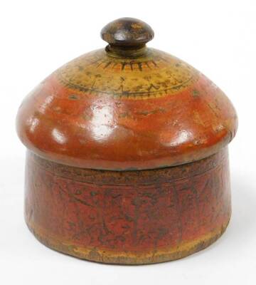 Four wooden Eastern storage jars, each of varying design, two with red and black lacquering, and others. (4) - 8