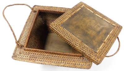 An Eastern wicker storage basket, shaped rectangular form, on a wooden base, with two carrying handles and lift up lid, 34cm high, 42cm wide. - 3