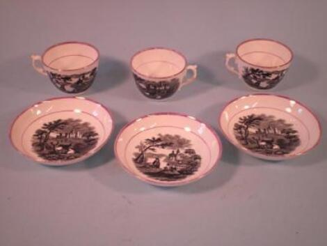 A set of three mid 19thC Sunderland type lustre cups and saucers