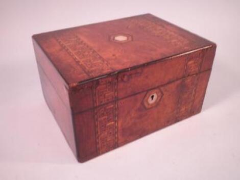 A Victorian figured walnut dressing box with tunbridge ware type bands