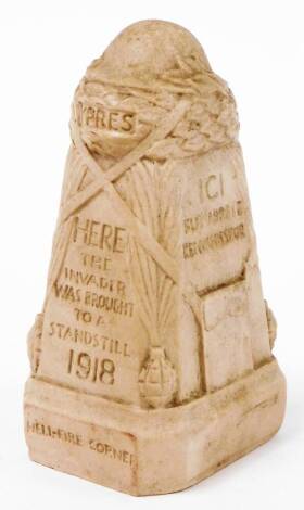 A World War One hell fire corner stoneware statue, marked Ypres 1918, 16cm high.