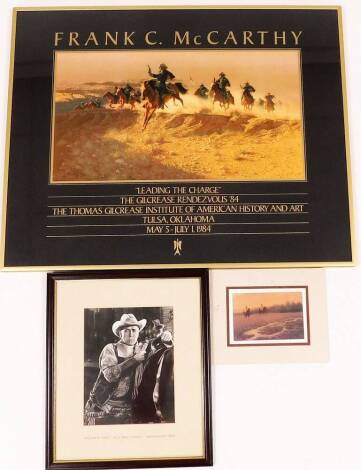 Three cowboys related pictures and prints, Broken Silence, signed prints, a William F Hart Wild Girl Hickock, faux Paramounts 1923 framed black white photographic print and a Frank C McCarthy Leading The Charge framed film poster dated May 5 to July 1 198