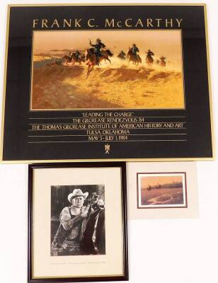 Three cowboys related pictures and prints, Broken Silence, signed prints, a William F Hart Wild Girl Hickock, faux Paramounts 1923 framed black white photographic print and a Frank C McCarthy Leading The Charge framed film poster dated May 5 to July 1 198