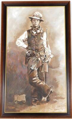 Terry Shelbourne (1930-2020). The Kid Cowboy, acrylic on board, in mahogany frame, 42cm x 75cm. - 2