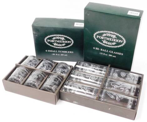 Two sets of Portmeirion glasses, to include six small tumblers and six highball glasses, each boxed. (12)