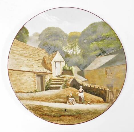 A large Derby wall plate, later painted with farm scene and figures with chickens, with Derby Crown stamp and blurred glue mark to back, 37cm diameter.