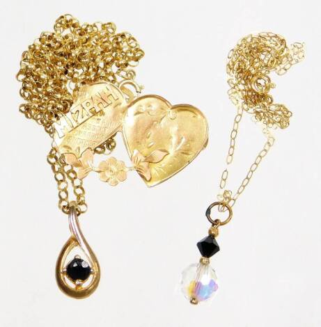 A small group of jewellery, to include a pendant and chain, the four plated pendant on a 9ct gold belcher link chain, together with another crystal type pendant on a fine link 9ct gold chain, 4.1g all in, together with a gold missed par brooch (AF). (3)