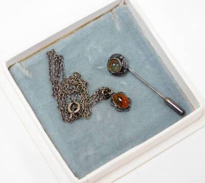 A group of silver and other jewellery, to include a pair of silver Blue John studs, an imitation amber broach earring and necklace set, a stick pin and a Klimek bar broach. (6) - 3