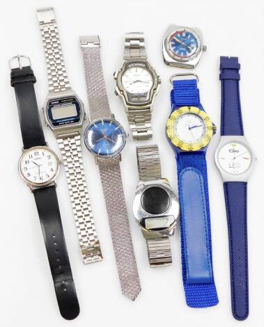 A group of wristwatches, to include a Casio gents wristwatch, Renault and Clio watches, a Timex Sekonda, Lorus, etc. (1 tray)