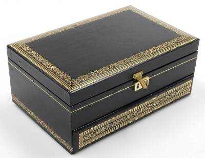 A black faux leather jewellery box and contents, comprising two gold plated dress rings, earrings, pin badges, beaded necklaces, etc. (a quantity) - 5