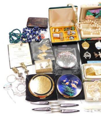 A quantity of costume jewellery and effects, to include a faux pearl necklace, beaded necklaces, tortoiseshell cigarette case, Tram Car collectors tokens, buttons, chains, etc. (2 tray) - 4