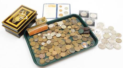 A quantity of decimal and pre-decimal coinage, to include collectors crowns, Britain's First Decimal Coin Set, three two pound collectors coins, old one pound coins, pennies, halfpennies, etc. (a quantity)