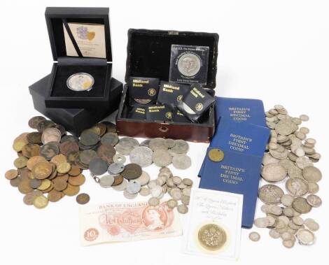 A group of coins, to include World War I silver commemorative coin, with box and certificate of authenticity, commemorative coins, George VI florin, various one pennies, 3 shilling pieces, half pennies, Irish coins, half crown, florin, silver 3 pence, far