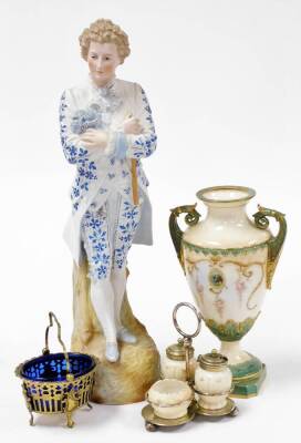 A group of ceramics, to include a late 19thC Royal China Works Worcester porcelain vase, the urn shaped body centred with a portrait of a dog, with hunting horn beneath, surrounded by flowers and scrolls, with gilt lined acanthus capped scroll handles on