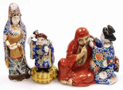 Three various early 20thC porcelain figures, comprising a standing Chinese lady holding scroll, polychrome decorate in blue and green robes, 28cm high, a figure of a bearded gentleman and two seated figures in flowing robes, polychrome decorated. (3, AF,