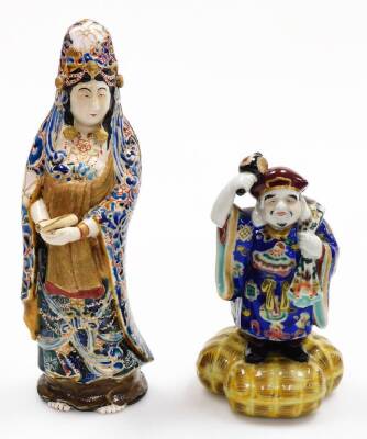 Three various early 20thC porcelain figures, comprising a standing Chinese lady holding scroll, polychrome decorate in blue and green robes, 28cm high, a figure of a bearded gentleman and two seated figures in flowing robes, polychrome decorated. (3, AF, - 2