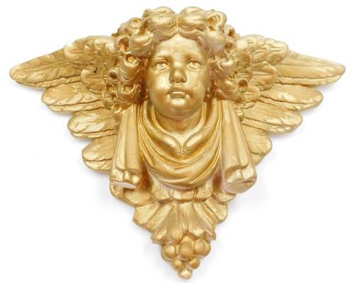 A gilt gesso wall plaster wall shelf, with cherub figure, 30cm high, 46cm wide. (AF)