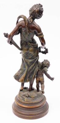 A pair of reproduction plaster figures, each of maidens with children, on a wooden base, stamped La Recompense and La Plus Belle Fleche, 48cm high. - 4