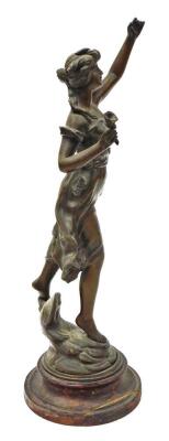 A late 19thC cast figure of a female, in dress with a flower, on a turned wooden base, 50cm high. - 4